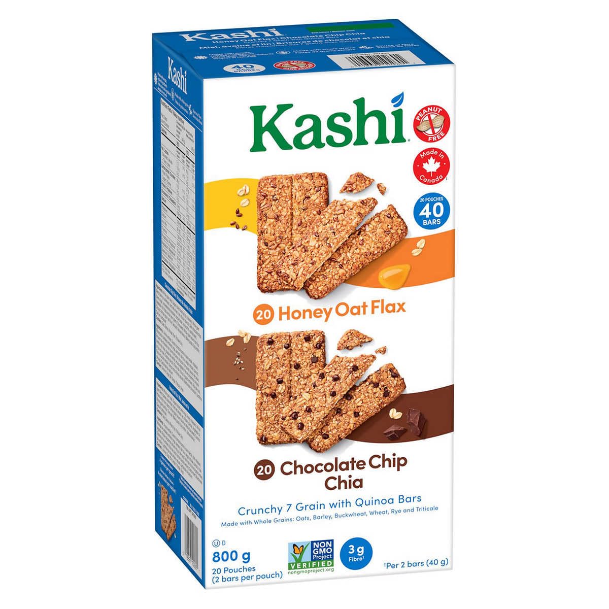 Box front of Kashi Seven Grain with Quinoa Bars highlighting whole grains for a wholesome snack.