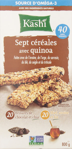 Kashi Seven Grain with Quinoa Bars ingredient closeup emphasizing natural grains for a healthy snack choice.