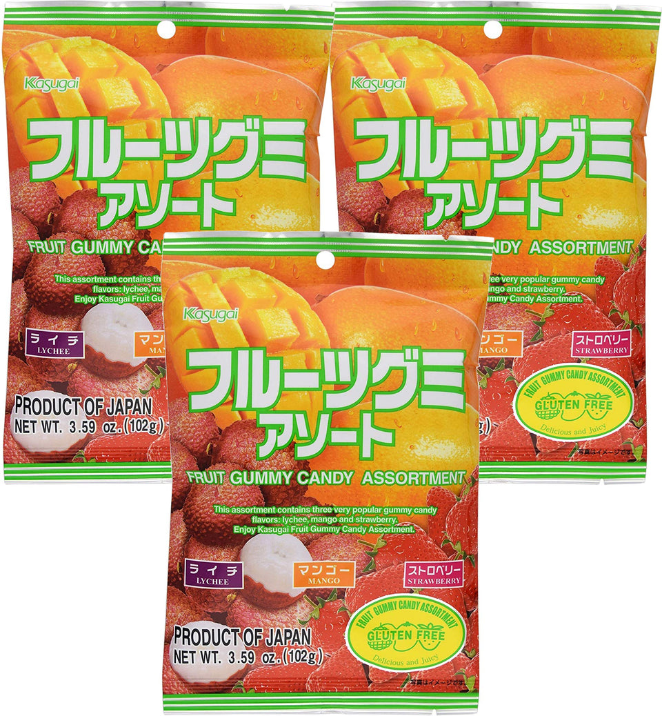 Kasugai fruit gummy assortment 3-pack bags ready to enjoy a fruity, refreshing treat