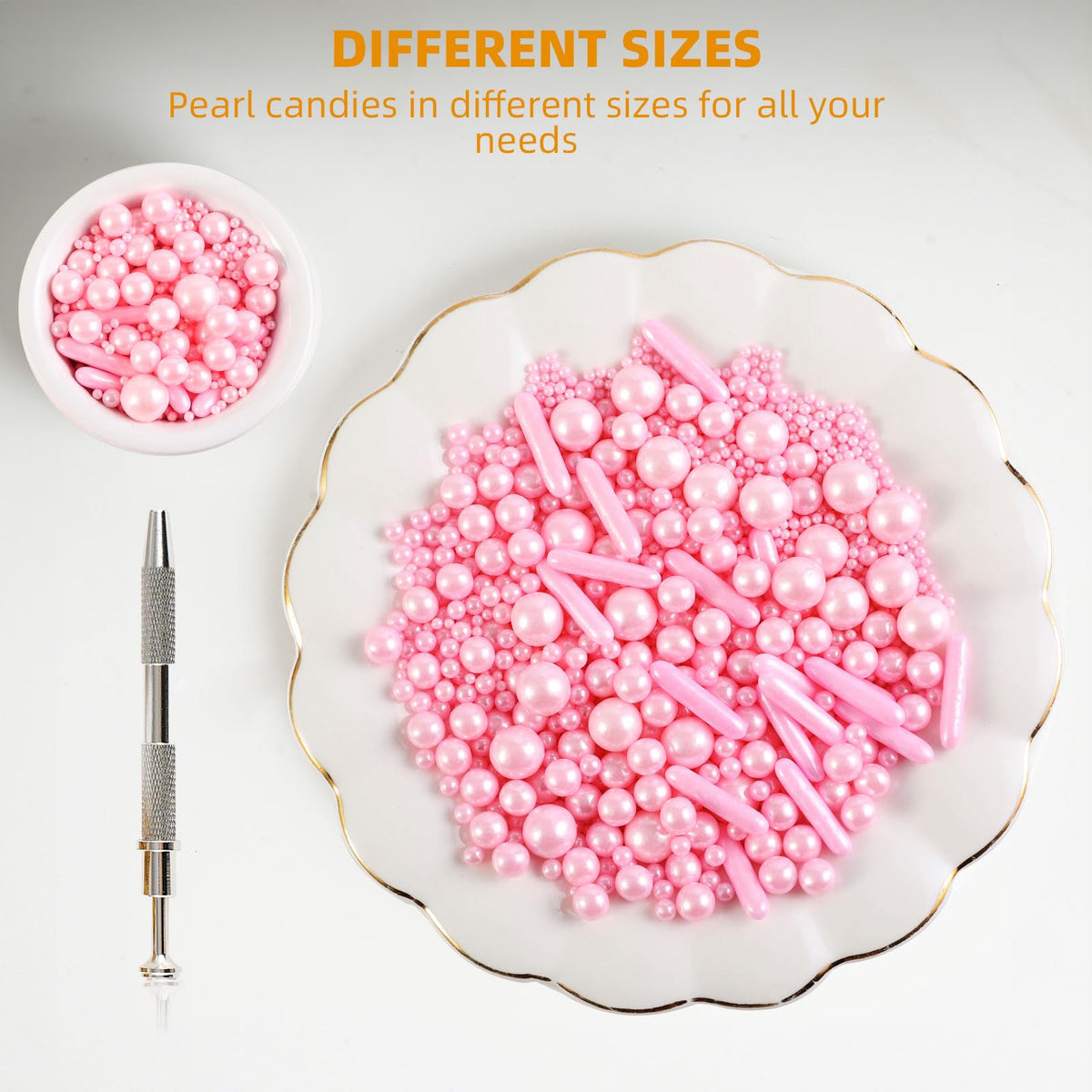 Pink edible pearl beads in mixed sizes ready to decorate cupcakes and cookies.