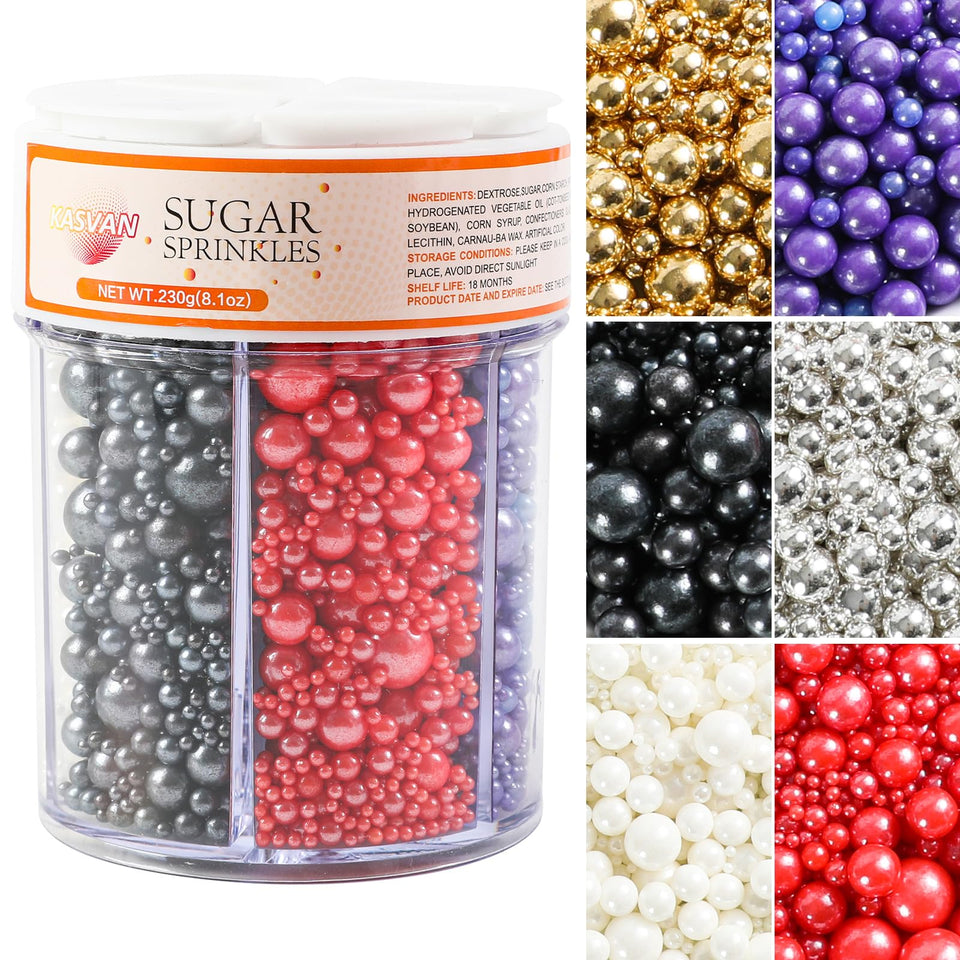 Kasvan edible pearl sprinkles bottle featuring six colors for cake decorating