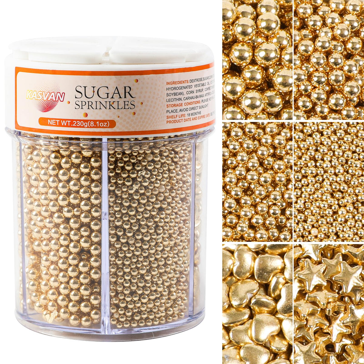 Kasvan Gold Pearl Sugar Sprinkles bottle for cake decorating and gifting