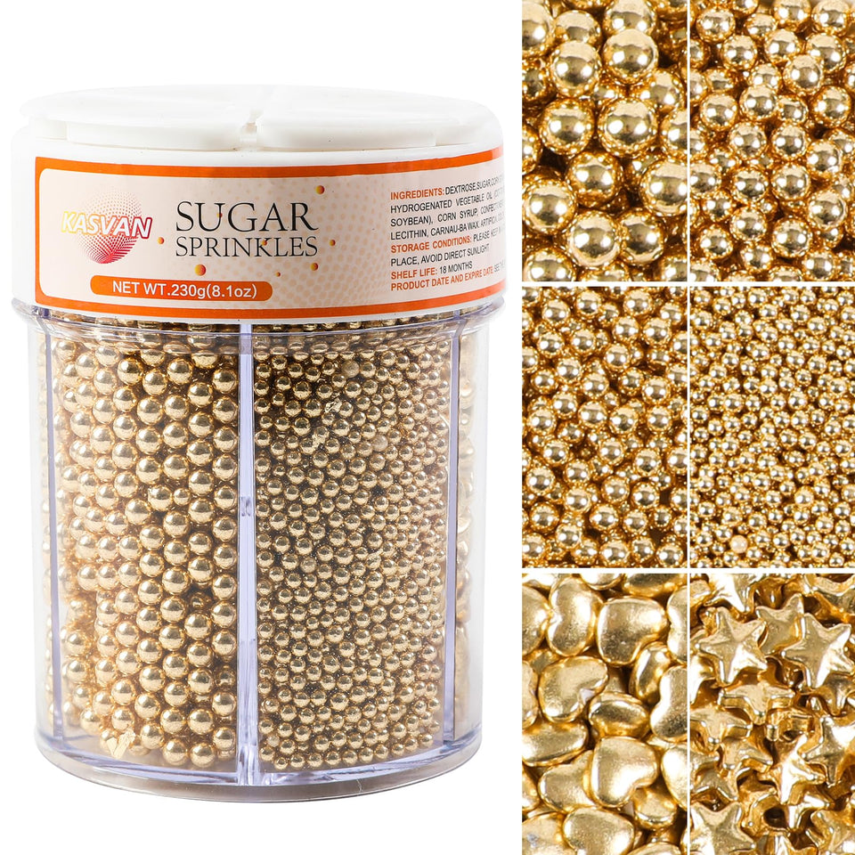 Kasvan Gold Pearl Sugar Sprinkles bottle for cake decorating and gifting
