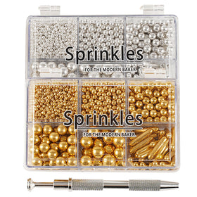 Kasvan gold and silver sprinkles in a gift box, ideal for wedding cake decor.