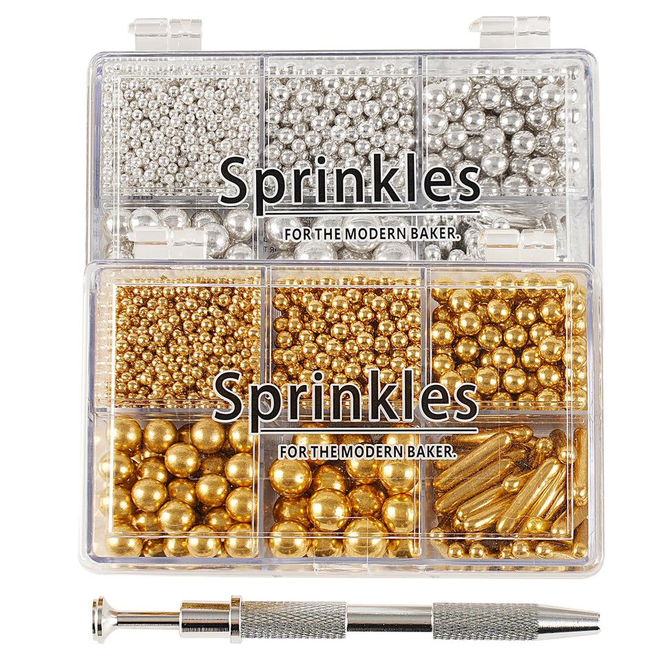 Kasvan gold and silver sprinkles in a gift box, ideal for wedding cake decor.