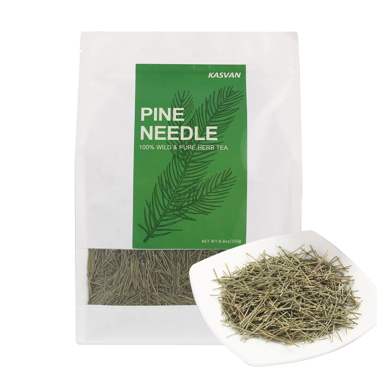 KASVAN organic pine needle tea packaging shown, showcasing premium quality and natural sourcing.