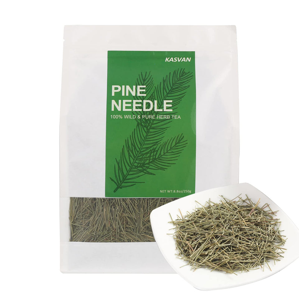 KASVAN organic pine needle tea packaging shown, showcasing premium quality and natural sourcing.