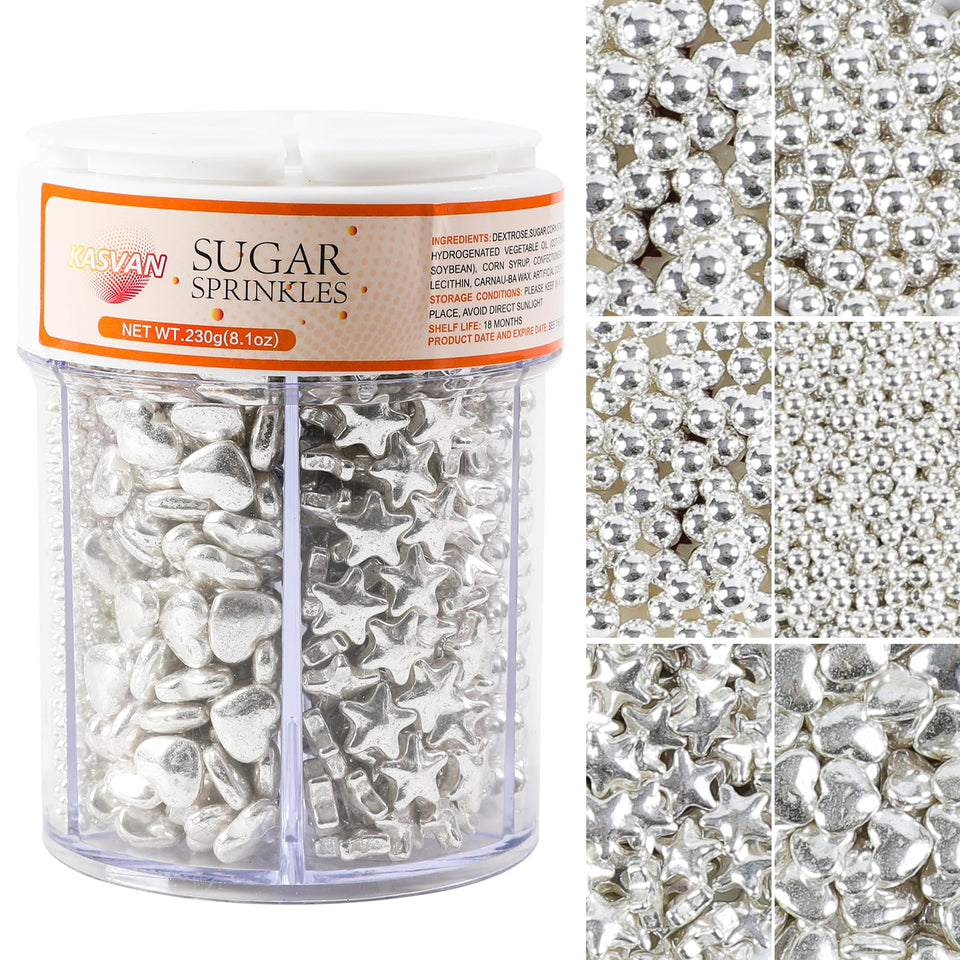 Kasvan Silver Pearl Sugar Sprinkles bottle adds edible sparkle to desserts.