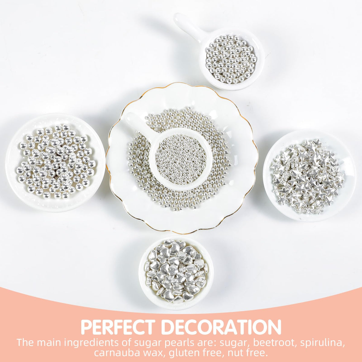 Kasvan Silver Pearl Sugar Round Sprinkles on cupcakes for color and texture.