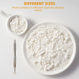 Kasvan sugar pearls in varied sizes ideal for elegant cake and dessert accents.