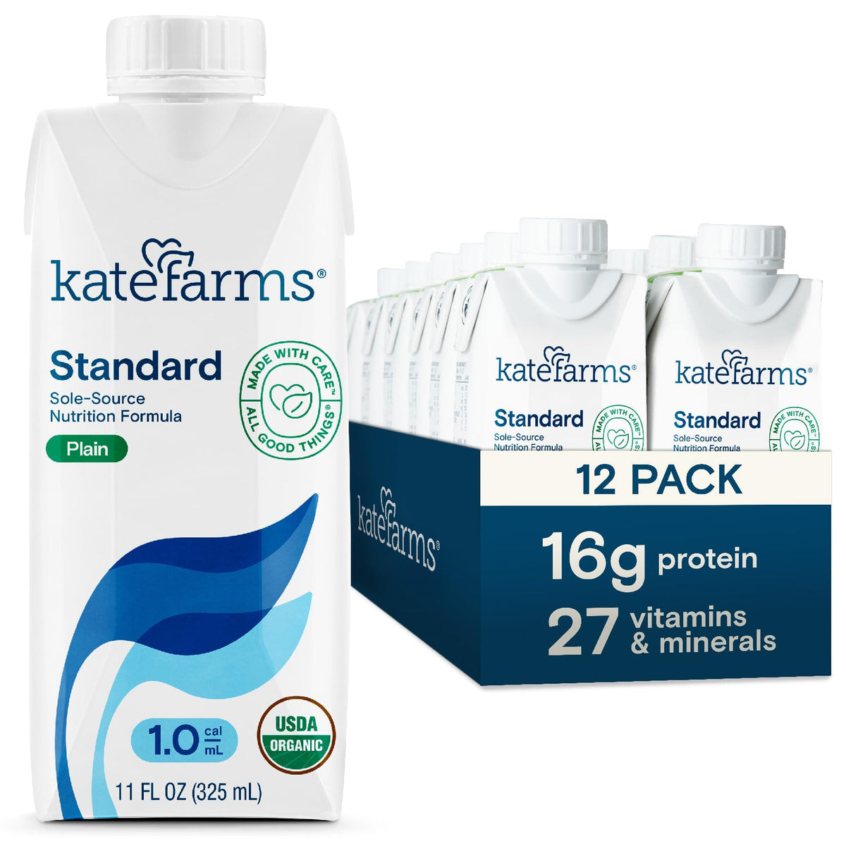 Kate Farms 1.0 plain packaging showcases plant-based nutrition for a balanced meal option.