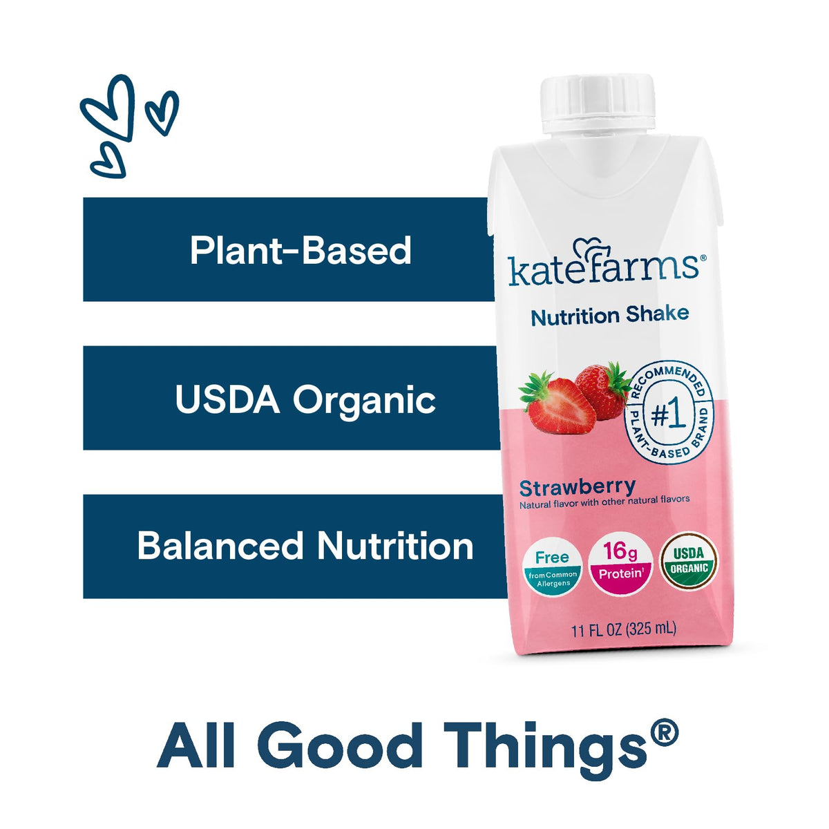 Kate Farms packaging with organic, non-GMO, kosher, gluten-free certifications visible