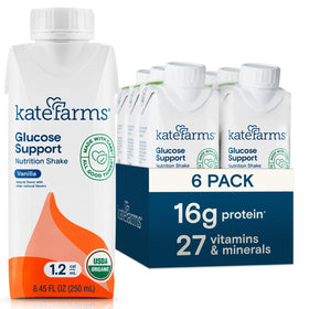 Kate Farms Glucose Support Shake vanilla bottle shows protein-rich nutrition.