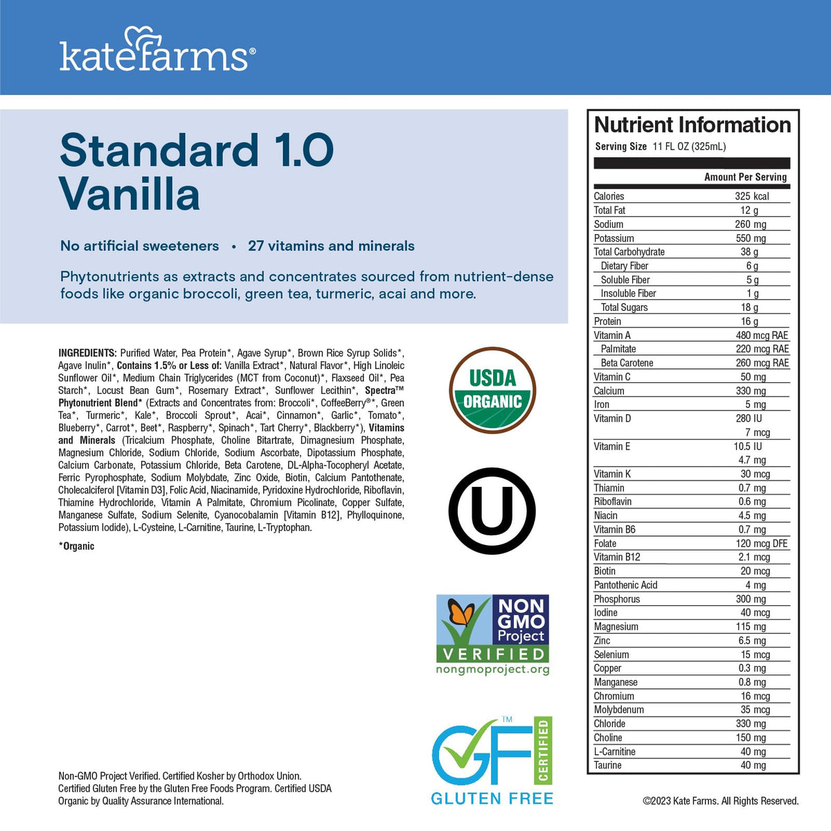 Kate Farms Organic 1.0 packaging indicates 12-pack bulk option.