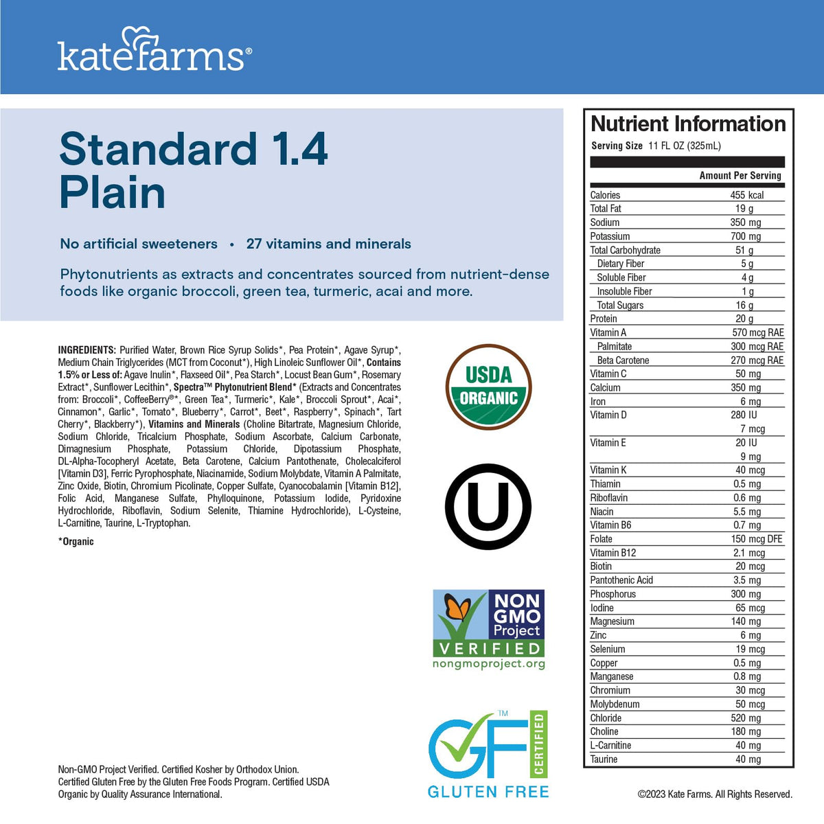 Kate Farms packaging box showing 12-pack ready-to-use meal replacement.