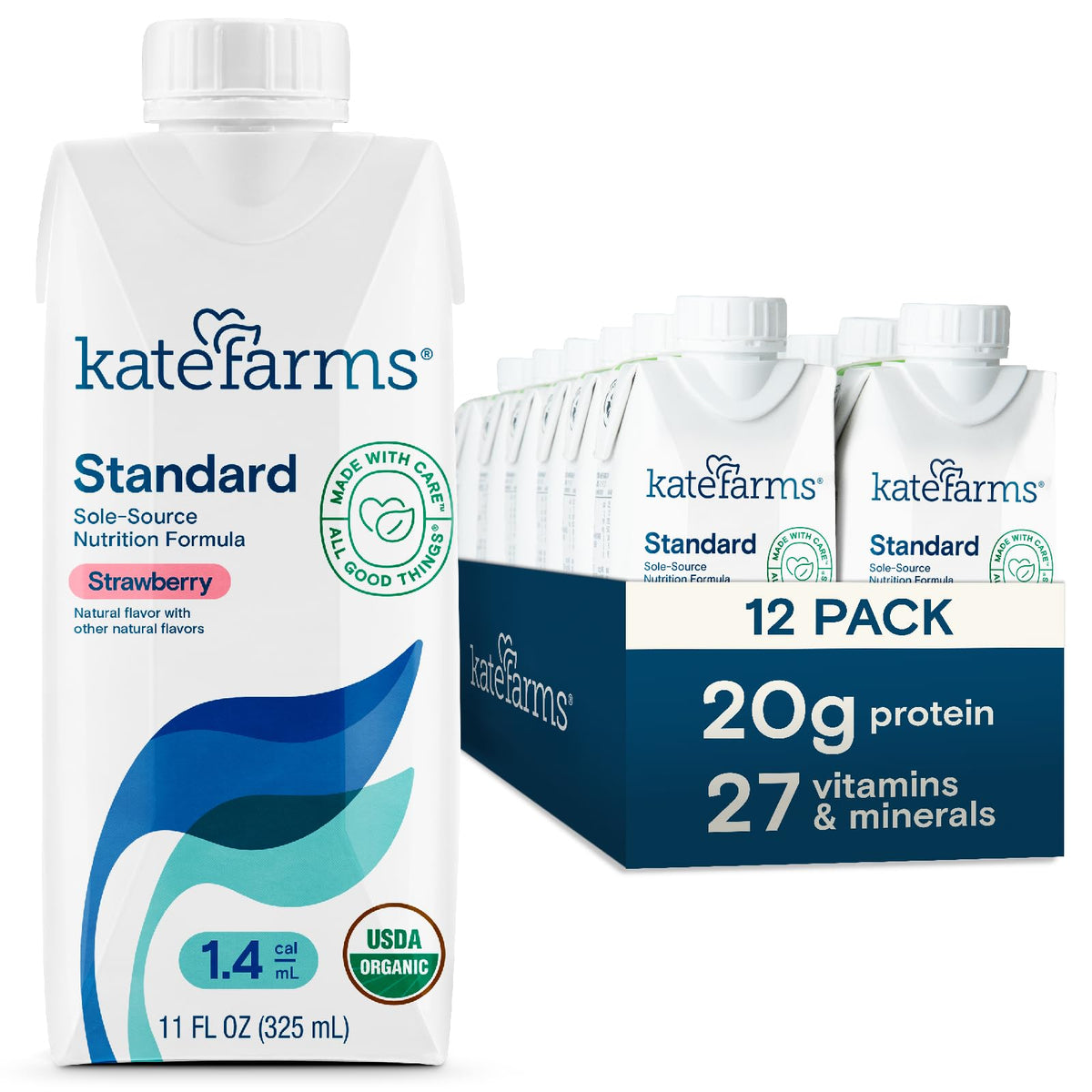 Kate Farms Organic 1.4 Strawberry shake bottle highlights 455 calories per serving for busy days.