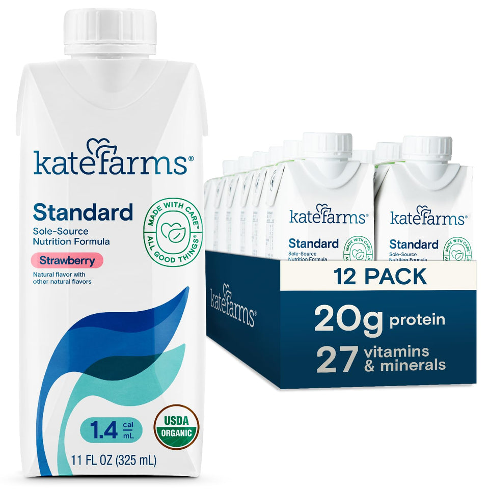 Kate Farms Organic 1.4 Strawberry shake bottle highlights 455 calories per serving for busy days.