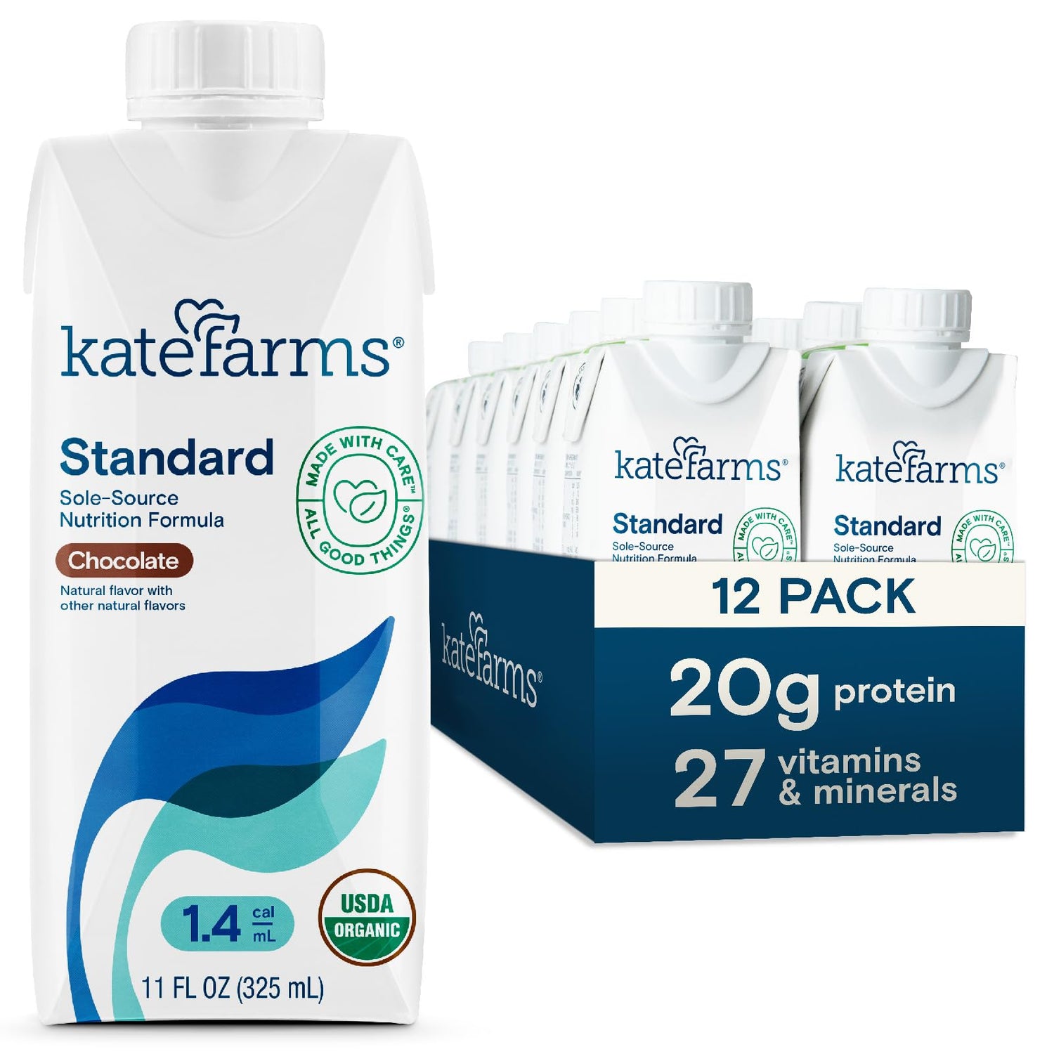 Kate Farms Organic 1.4 chocolate bottle showing calorie-dense meal replacement