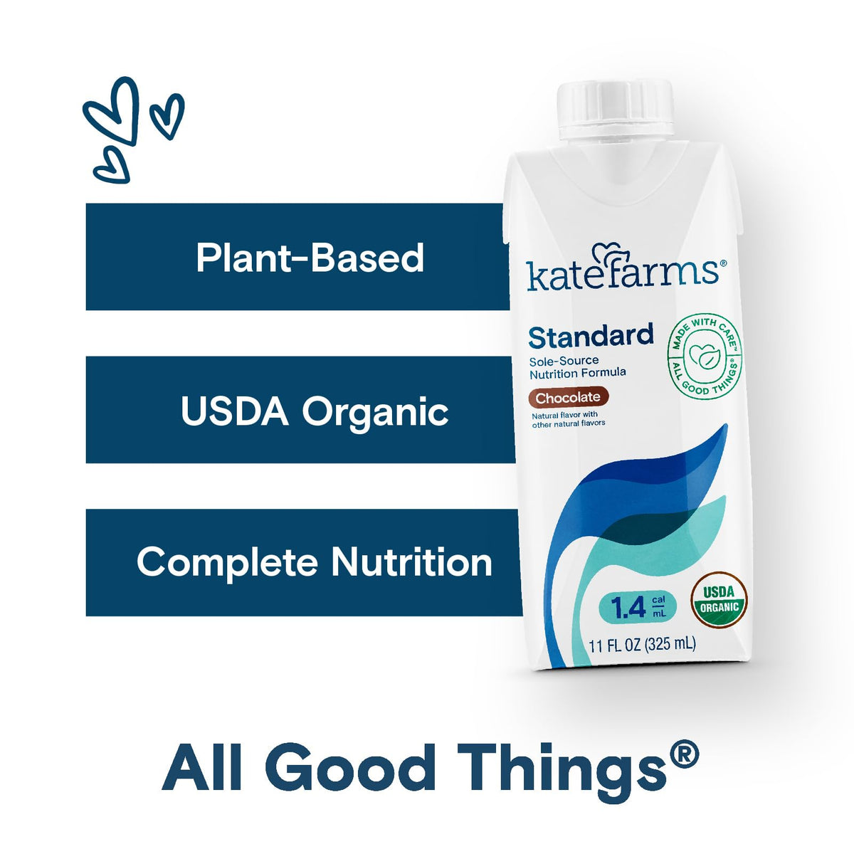 Kate Farms Organic 1.4 strawberry bottle emphasizes plant-based protein and vitamins