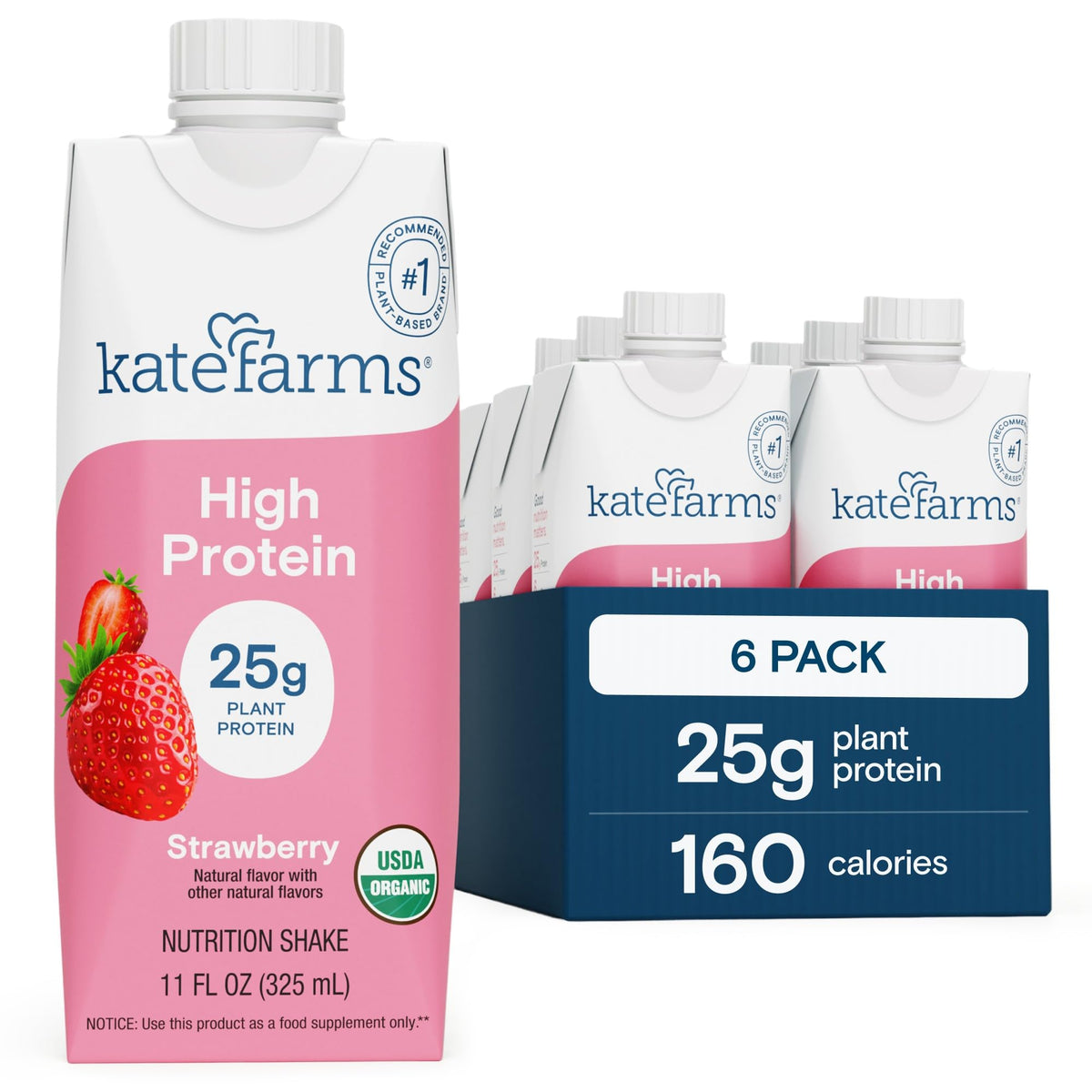 Kate Farms Strawberry Shake pack showcasing balanced nutrition for on-the-go meals.