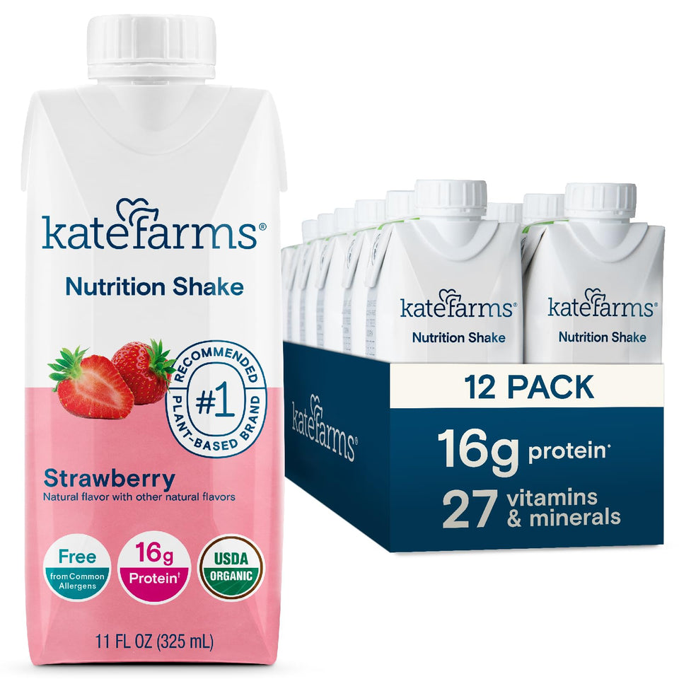 Kate Farms Organic Nutrition Shake strawberry bottle, high-protein meal replacement option