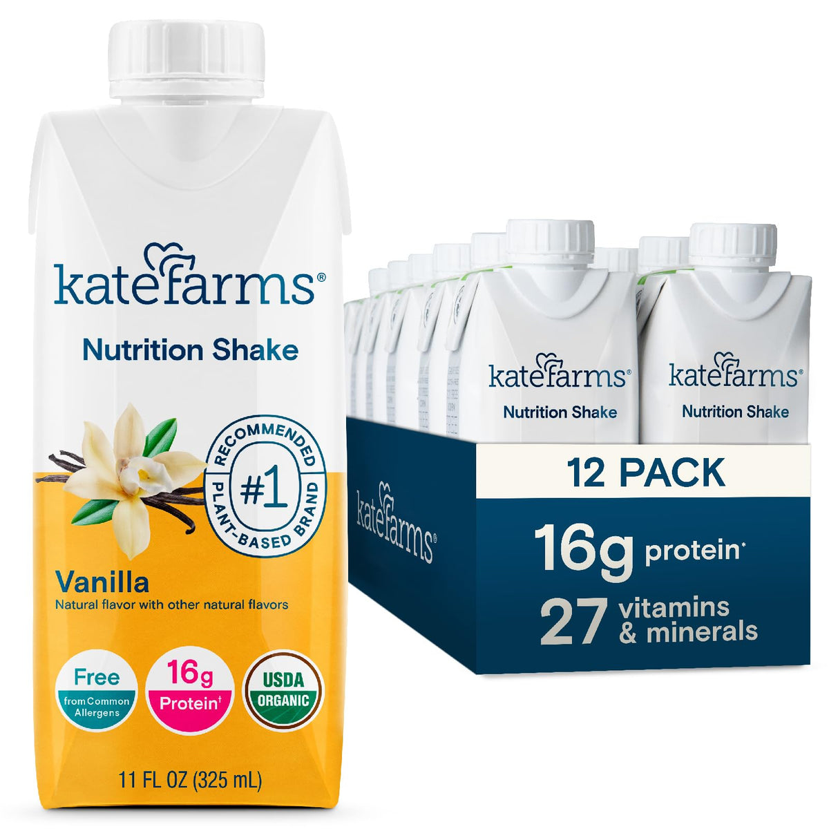 Kate Farms Organic Nutrition Shake bottle in strawberry flavor for convenient meal replacement.