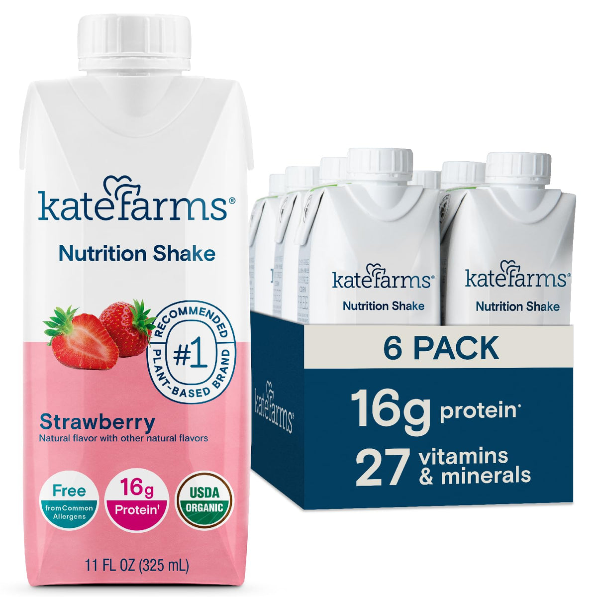 Kate Farms Organic Nutrition Shake strawberry bottle close-up for convenient meal replacement