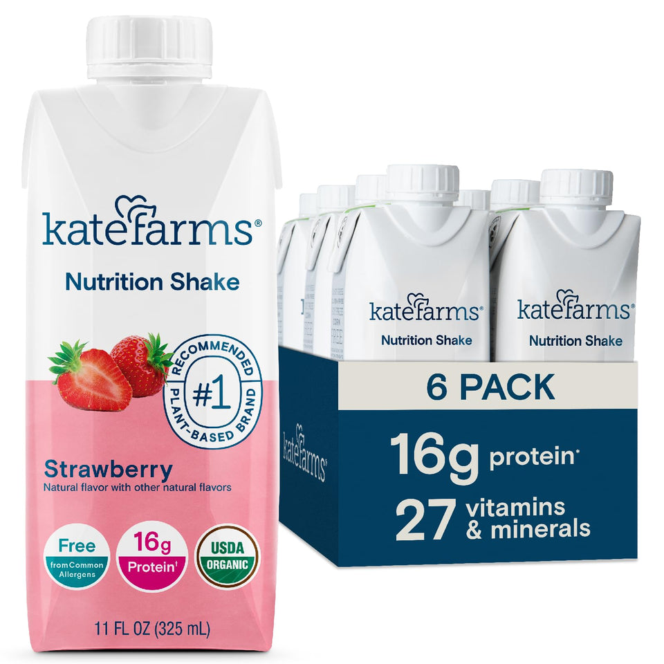 Kate Farms Organic Nutrition Shake strawberry bottle close-up for convenient meal replacement