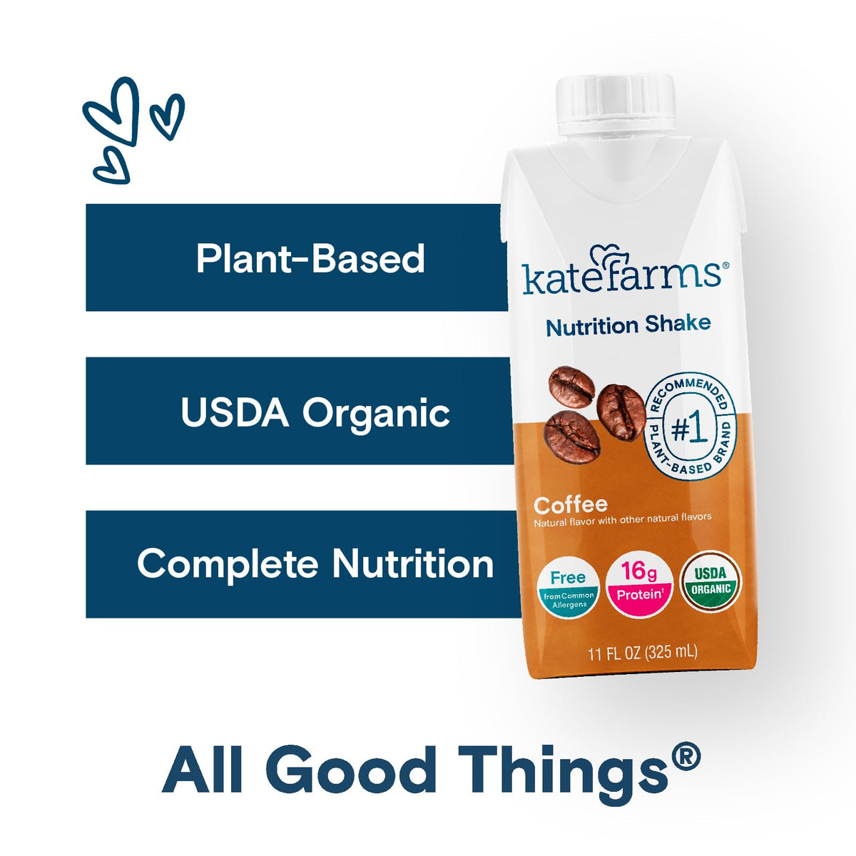 Kate Farms Organic Nutrition Shake strawberry ingredient panel highlights broccoli kale and berries