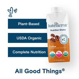 Kate Farms Organic Nutrition Shake strawberry ingredient panel highlights broccoli kale and berries