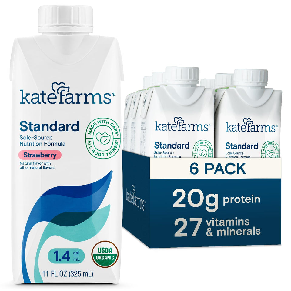 Kate Farms Organic 1.4 shake strawberry bottle highlights high-calorie meal replacement