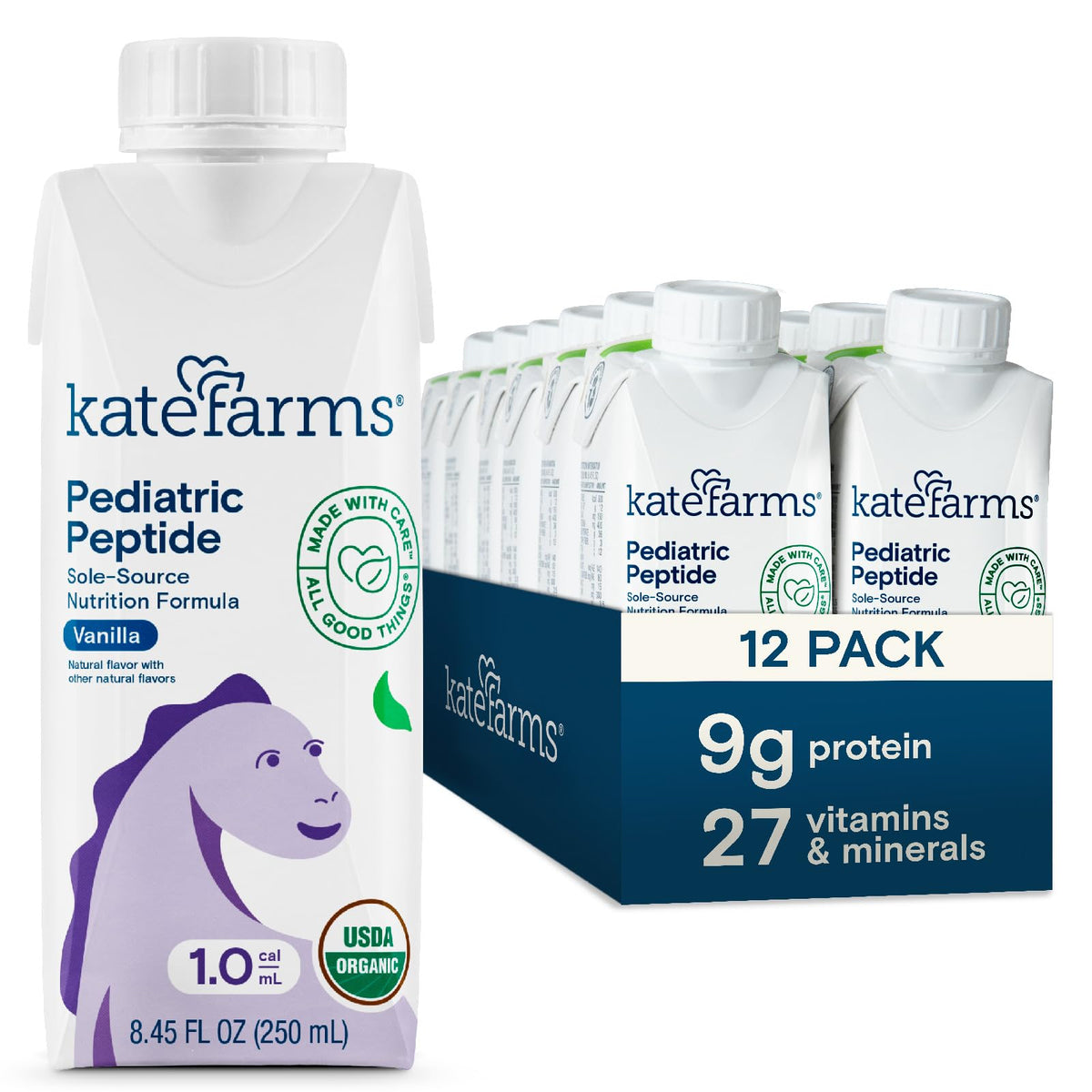 Kate Farms Organic Pediatric Peptide 1.0 Vanilla bottle, kid-friendly nutrition for daily support.