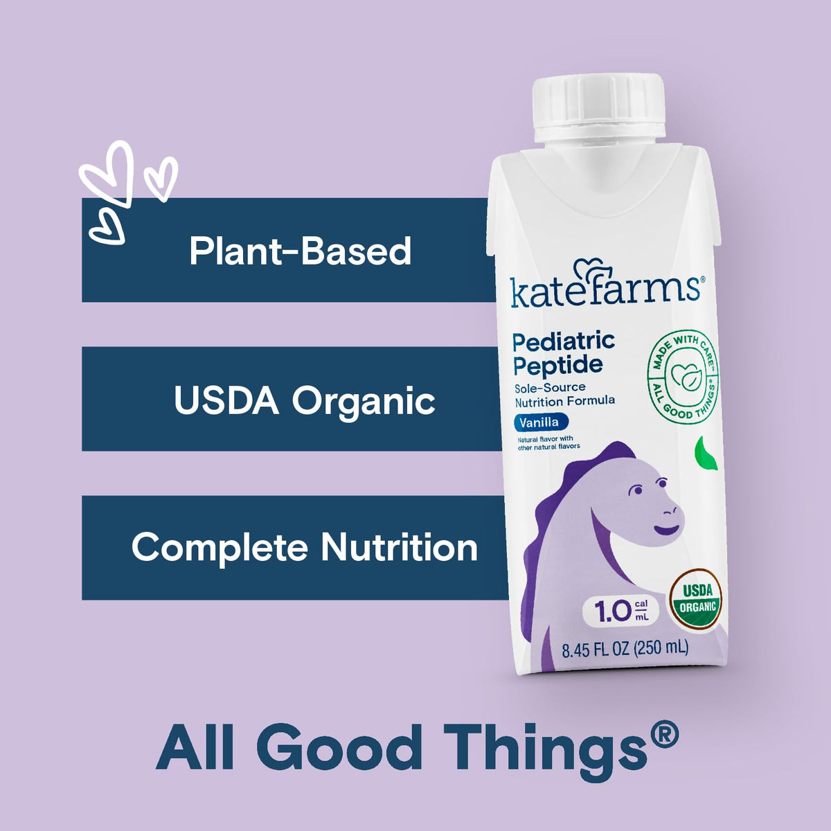 Kate Farms pediatric tube feeding setup with plant-based nutrition option.