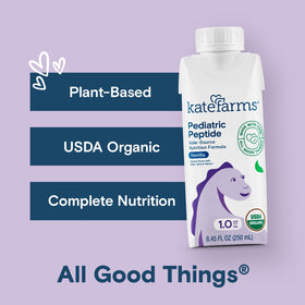 Kate Farms pediatric tube feeding setup with plant-based nutrition option.