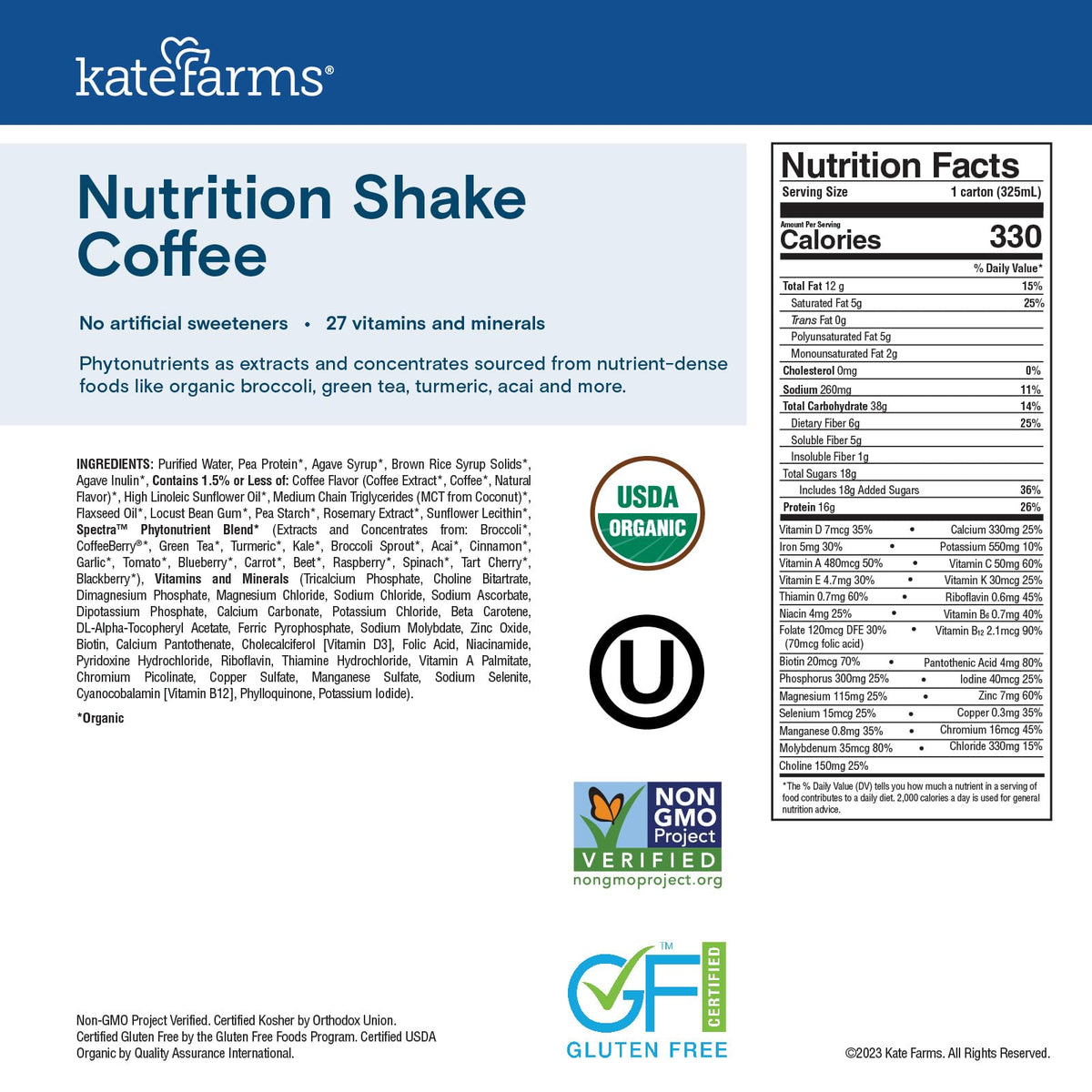 Kate Farms shake is gluten-free and non-GMO for sensitive diets.