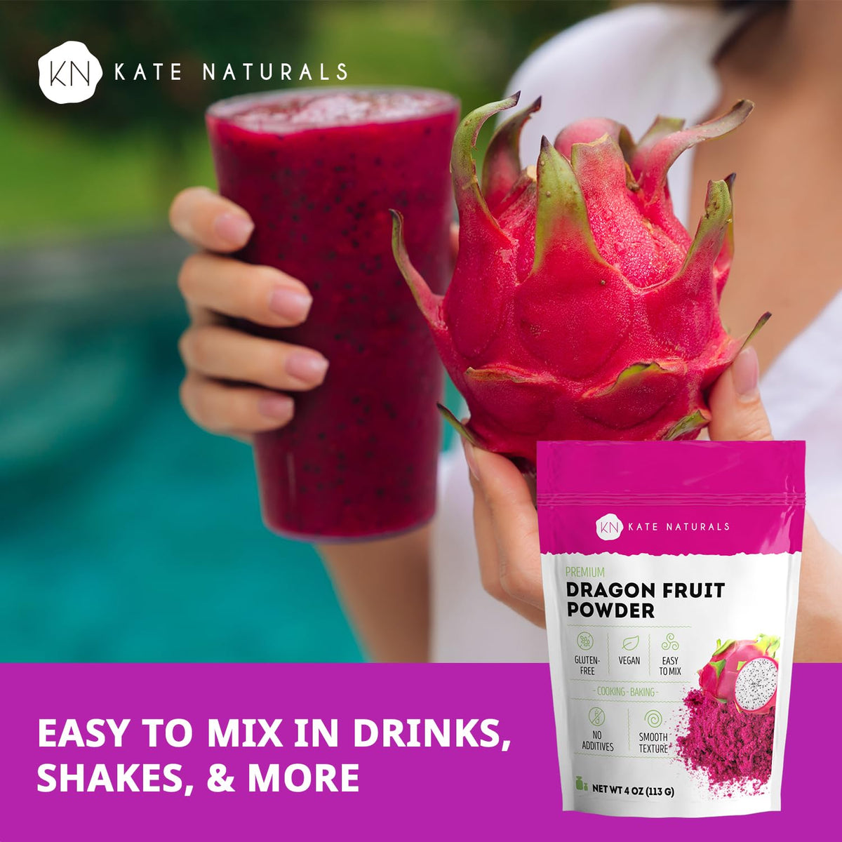 Kate Naturals dragon fruit powder scoop showing easy portion control for smoothies