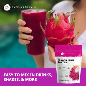 Kate Naturals dragon fruit powder scoop showing easy portion control for smoothies