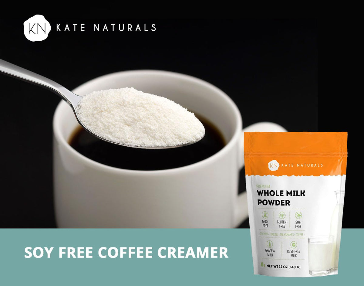 Kate Naturals dry milk powder in mixing bowl for baking.