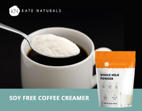 Kate Naturals dry milk powder in mixing bowl for baking.