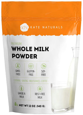 Kate Naturals dry milk powder bottle emphasizes shelf stable baking convenience.