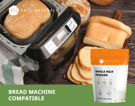 Kate Naturals dry milk powder with coffee cup for creamy drinks.