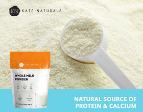 Kate Naturals dry milk powder close-up on ingredients label highlighting calcium.