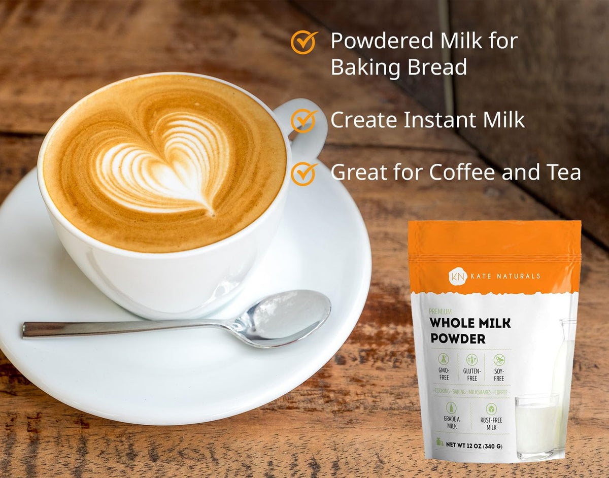 Kate Naturals dry milk powder being reconstituted with water for milk.