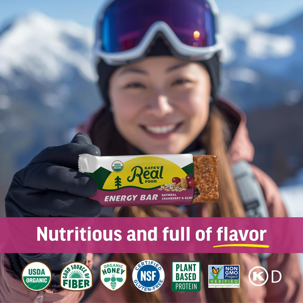 Kate's Real Food organic energy bars nutrition label showing 130 calories.