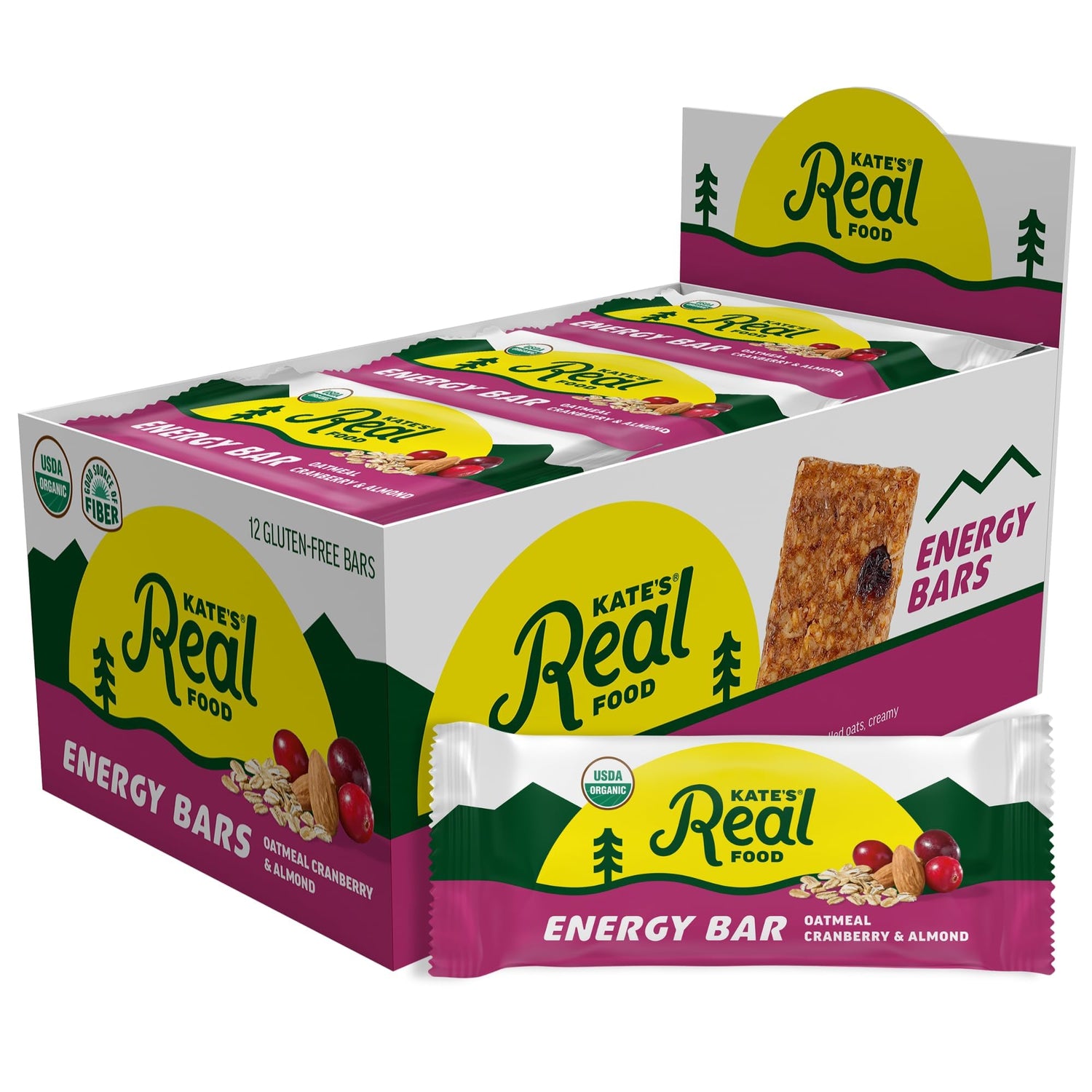 Kate's Real Food cranberry almond bars package front, ideal for on-the-go energy.