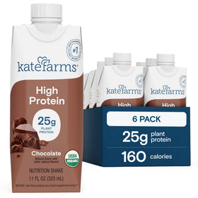 Kate Farms chocolate shake bottle pour highlighting plant-based protein for on-the-go nourishment.