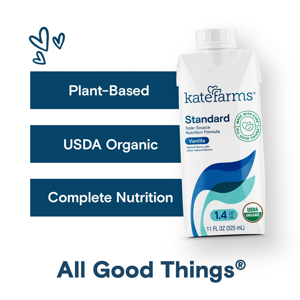 Kate Farms high-calorie shake in vanilla packs 455 calories per serving for energy