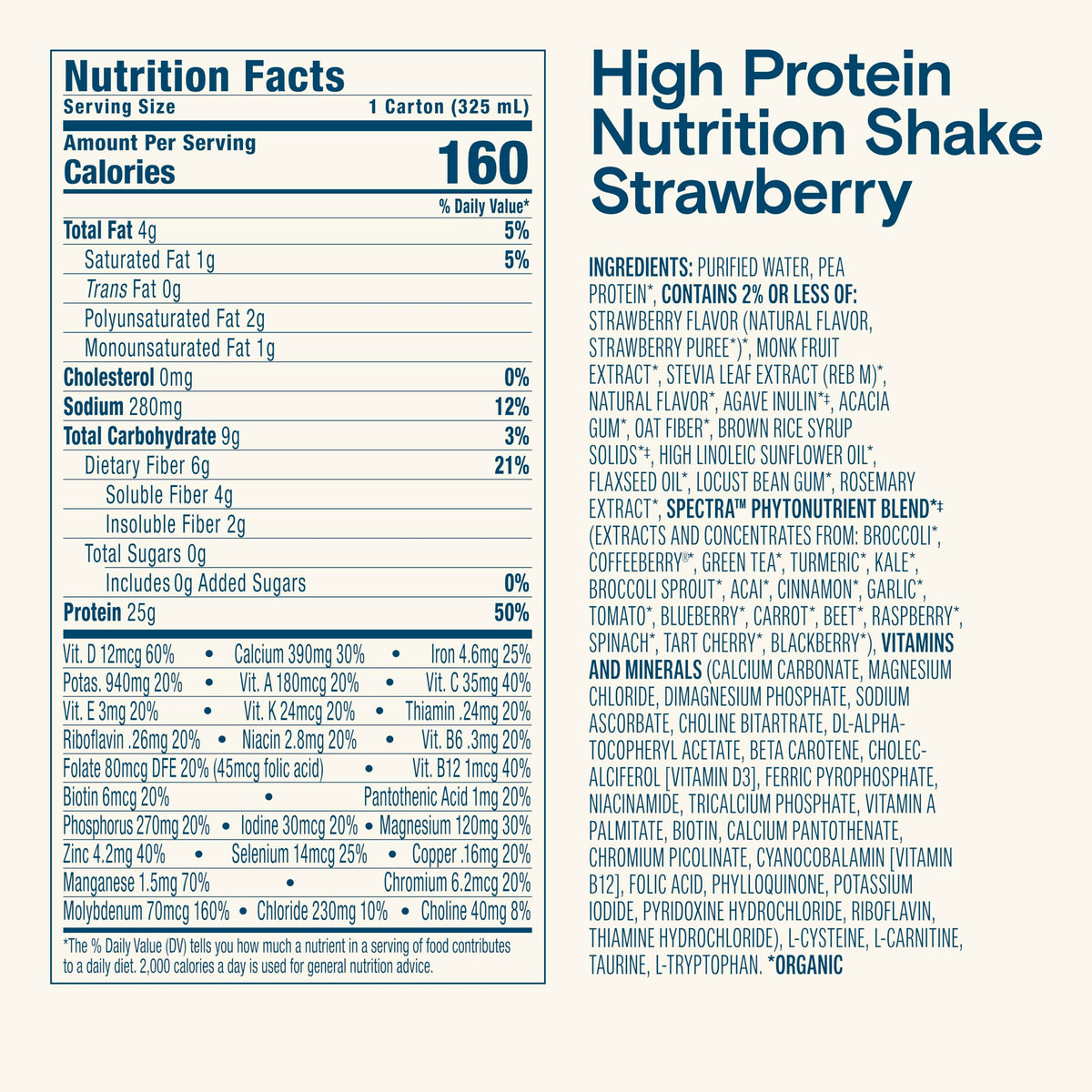 Kate Farms nutrition facts panel showing vitamins and minerals per serving