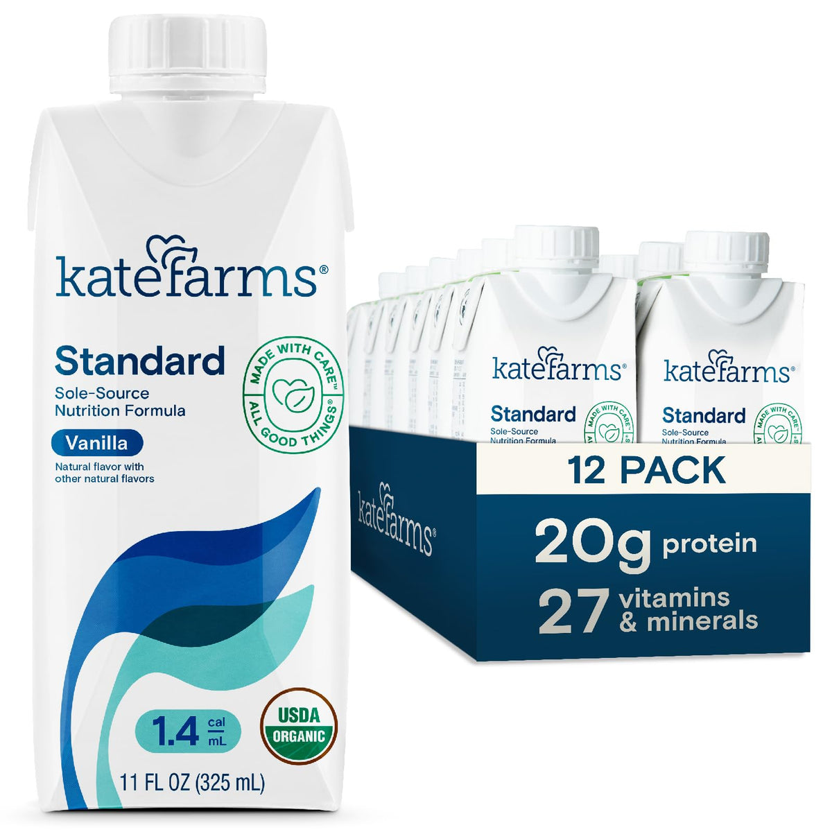 Kate Farms Organic 1.4 Vanilla shake in 11oz bottle for balanced nutrition on-the-go