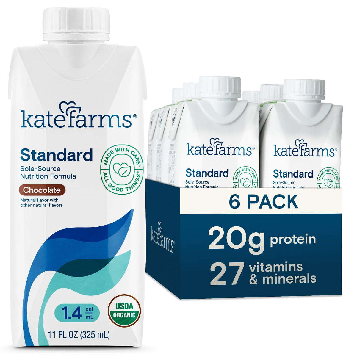 Kate Farms Organic 1.4 chocolate shake carton, rich flavor and high-calorie nutrition for energy
